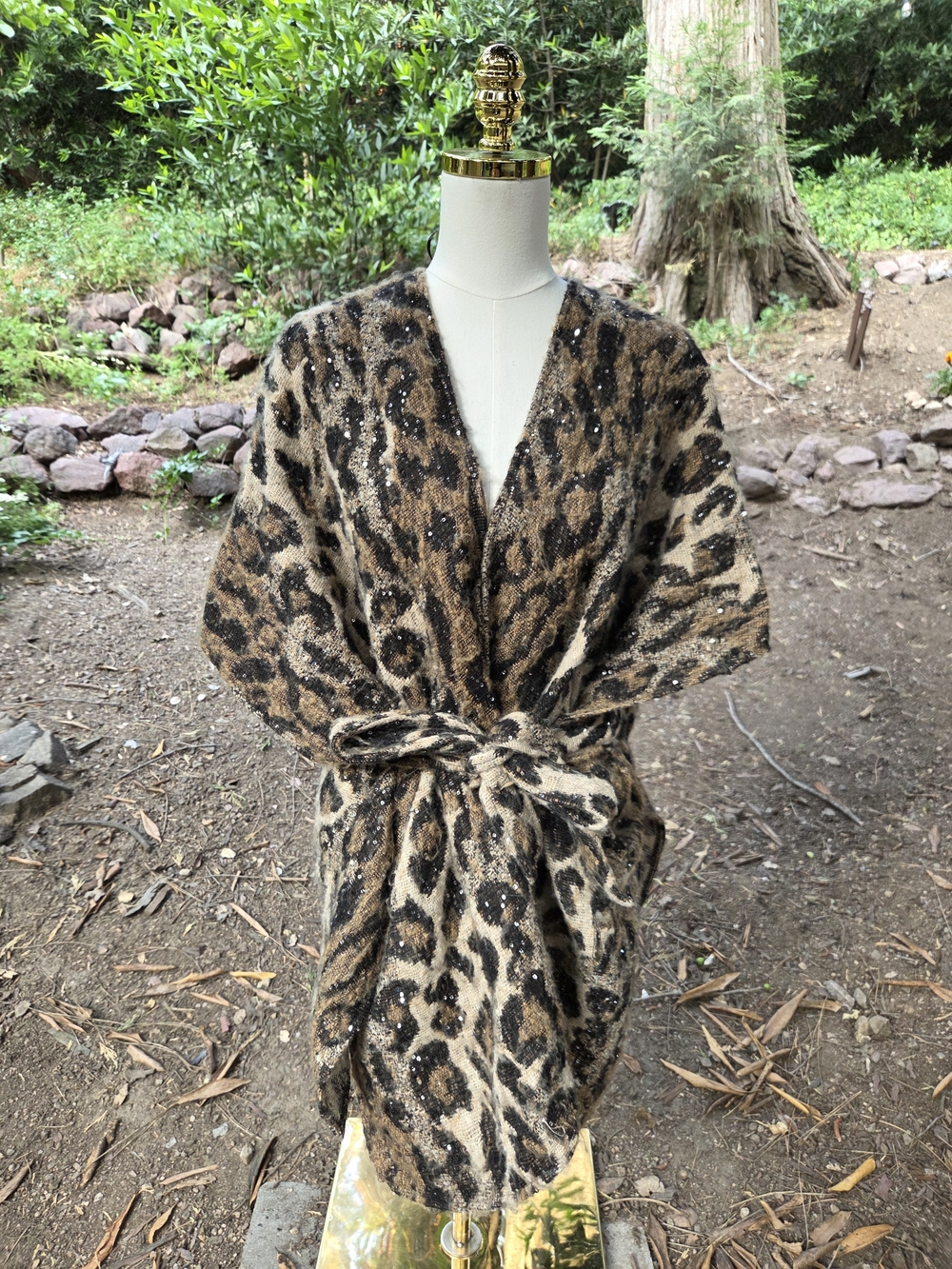 Vince Camuto Black and Tan Leopard Print Kimono Cardigan